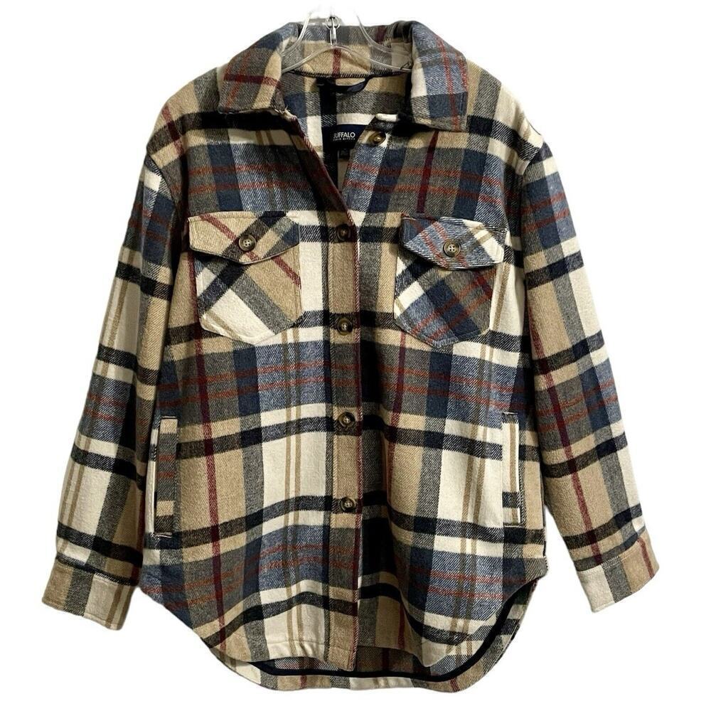 Flannel Shirt Jacket Large Men Blue Plaid Buffalo Davd Bitton Shacket P…